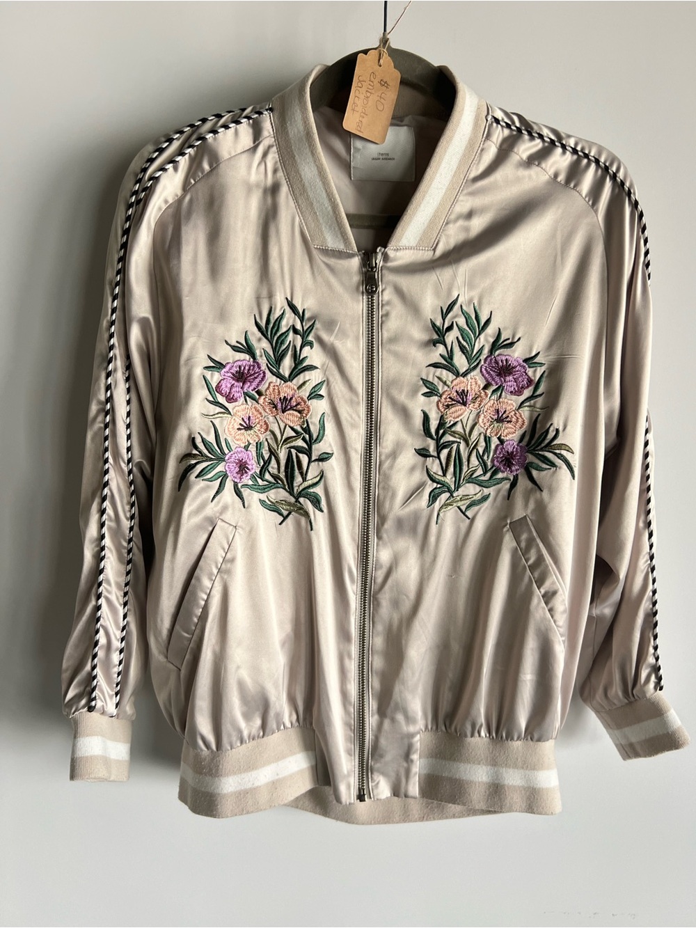 Embroidered Satin Bomber Jacket - Cream